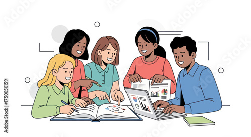 Diverse group of children collaborating on a school project together.