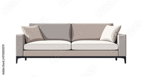 Modern Gray and Beige Upholstered Sofa with Accent Pillows.