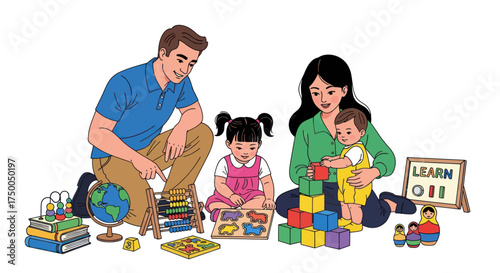 Family playing together with toys and educational materials creating a learning environment.