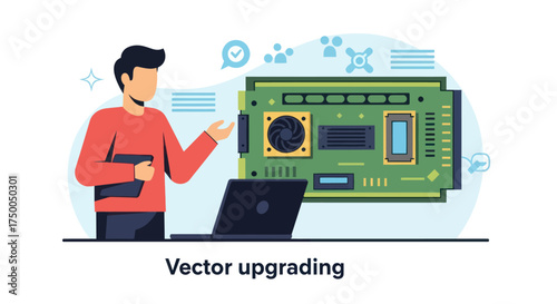 Man presenting a large green circuit board with a laptop nearby.