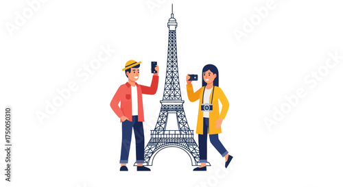 Tourists taking selfies with the iconic Eiffel Tower in Paris.