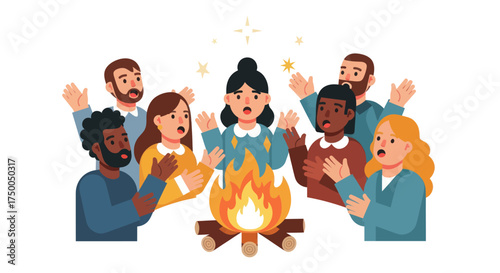 Diverse group of people gathered around a campfire singing and celebrating.