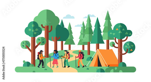 Group of friends hiking and camping in a vibrant forest illustration.