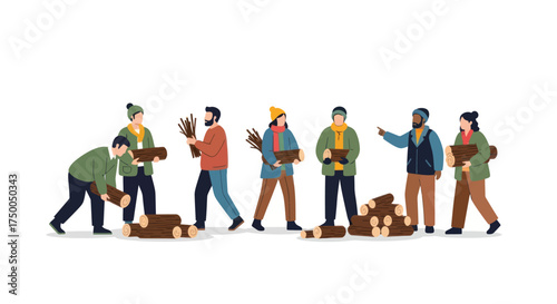 Diverse group of people gathering and stacking firewood for winter.
