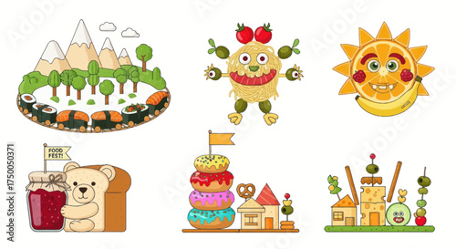 Whimsical Food Art: Cartoonish Landscapes and Characters Made from Edible Ingredients.