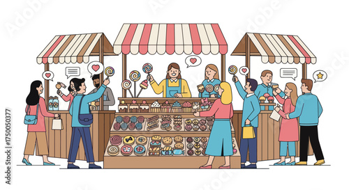 Diverse shoppers browse colorful stalls at a lively outdoor market.