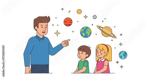 Teacher Explaining Solar System to Students with Planets Illustration.