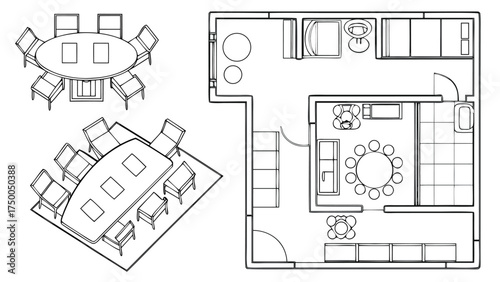 Set of CAD Furniture Top View Symbols in Minimal Line Style for Architectural Floor Plans and Interior Design Drawings