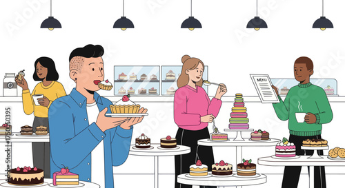 Diverse people enjoying delicious cakes and pastries in a bright bakery.