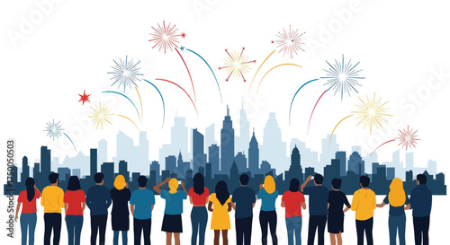 Crowd Watching Fireworks Display Over City Skyline Silhouette.