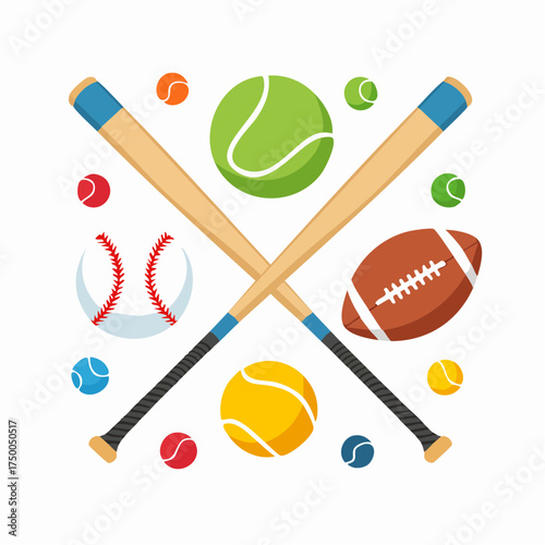 Collection of various sports equipment on a white background including baseball bats, baseballs, tennis balls, and a football
