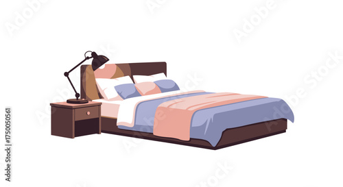 Cozy bedroom interior with a comfortable bed nightstand and desk lamp.