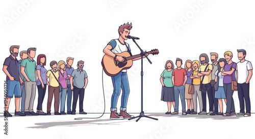 Street Performer Singing and Playing Guitar for a Crowd of People.