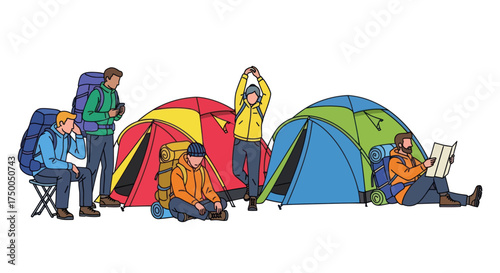 Diverse group of campers with colorful tents and backpacks enjoying outdoor activity.