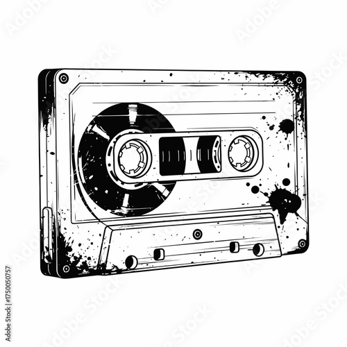 Vintage audio cassette tape illustration with distressed grunge texture brings back nostalgic memories of analog music era