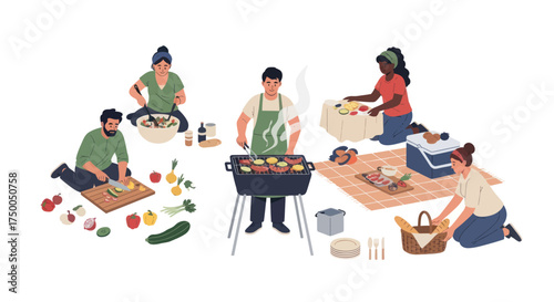 Group of people preparing food and grilling outdoors for a picnic gathering.