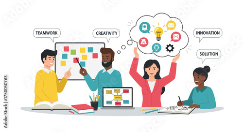 Diverse Team Brainstorming Ideas with Sticky Notes Laptop and Creative Thought Bubbles.