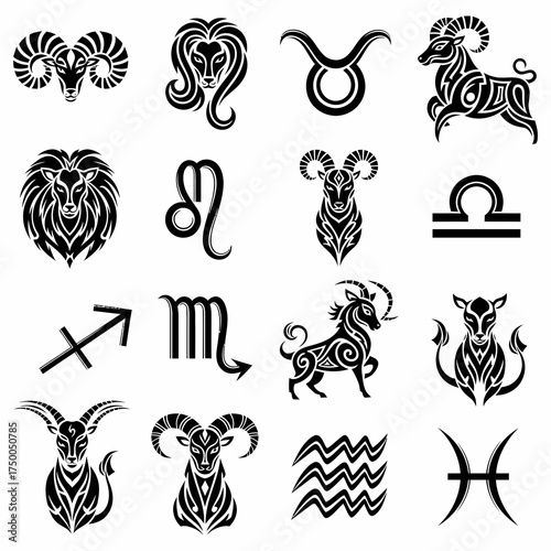 Astrology zodiac star signs icons in artistic tattoo style, perfect for spiritual branding, mystical designs, or horoscope-themed projects