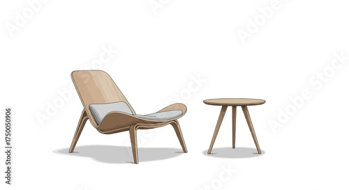 Modern Wooden Lounge Chair with Pillow and Small Round Table.