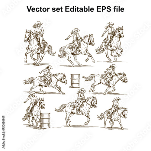 Vector art of collection of line art illustrations depicting cowboys and cowgirls riding horses in various poses