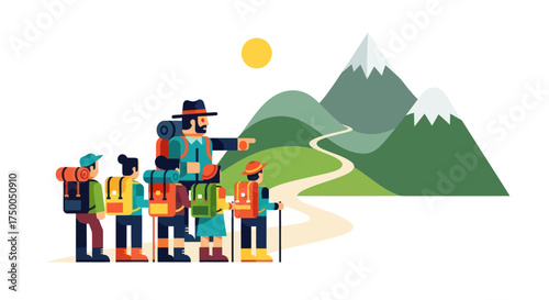 Diverse Group of Hikers with Guide Trekking on Mountain Path Illustration.
