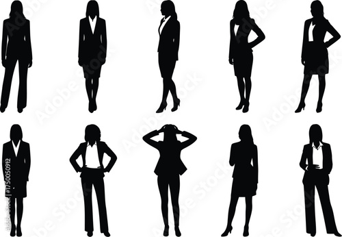 Silhouette of business women in various poses isolated on white background, vector illustration
