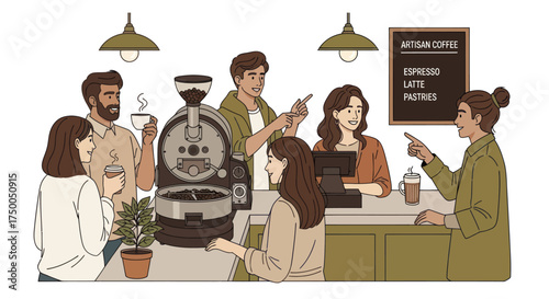 Busy Coffee Shop Scene with Baristas and Customers Featuring a Roasting Machine.