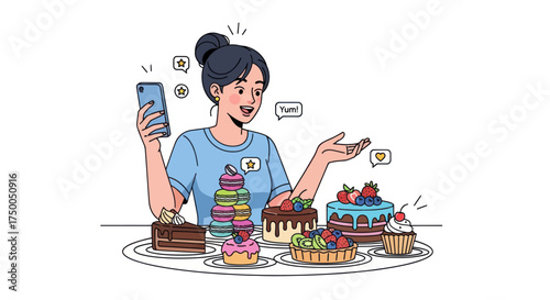 Happy woman with smartphone photographing an array of delicious colorful desserts.