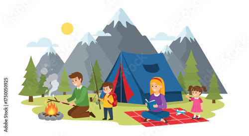 Happy family enjoying a camping trip with a tent and campfire in the mountains.