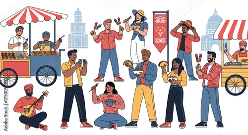 A diverse group of multicultural people eating and enjoying a vibrant street food festival.