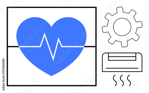 Blue heart with heartbeat line beside gear and air conditioning unit emitting warm air. Ideal for healthcare, wellness, technology, comfort, diagnostics, efficiency, innovation. Simple flat metaphor