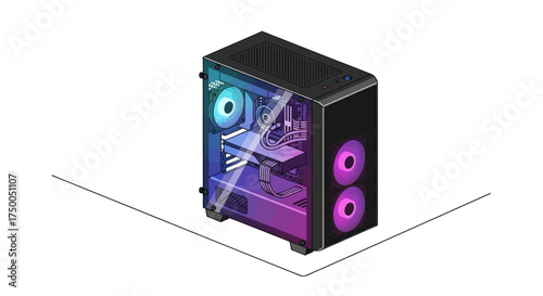 Modern Black Computer Tower with RGB Lighting and Visible Internal Components.