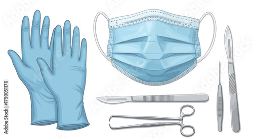 Surgical Tools and Protective Gear: Gloves Mask Scalpels and Forceps.