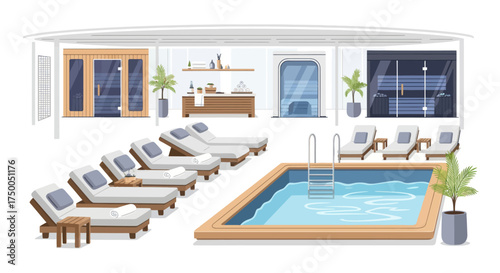 Luxurious Indoor Swimming Pool Area with Loungers and Modern Design Elements.