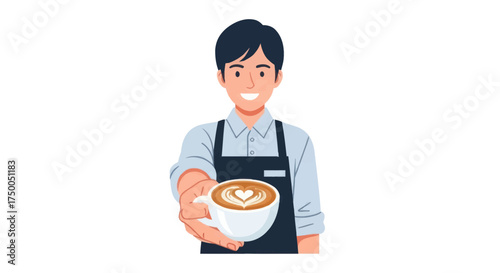 Friendly Barista Offers Delicious Latte Art Coffee Cup.