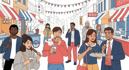 Diverse people enjoying street food at a vibrant market festival.
