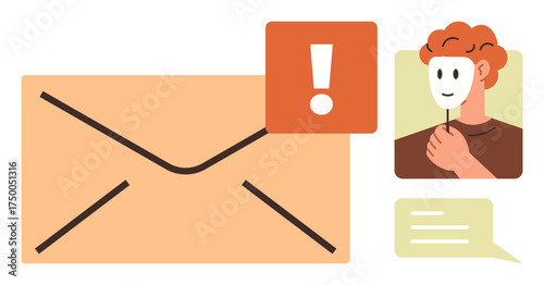 Large envelope with alert sign, person holding mask, speech bubble. Ideal for identity, warning, online communication, privacy, cybersecurity fraud prevention social interactions. Simple flat
