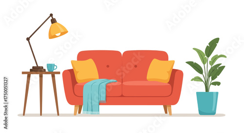 Cozy red sofa with yellow pillows blue throw and a floor lamp.