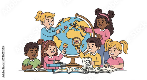 Diverse Children Learning Geography with a World Globe.