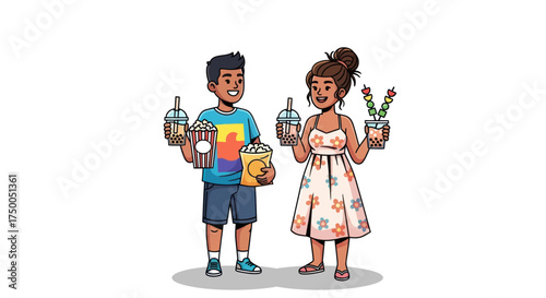 Cartoon couple holding snacks and drinks ready for a fun outing.