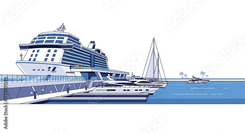Cruise ship docked at a pier with sailboats and a small island in the background.