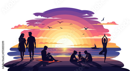 Silhouettes of people enjoying a vibrant sunset on a beach with a boat and flying birds.