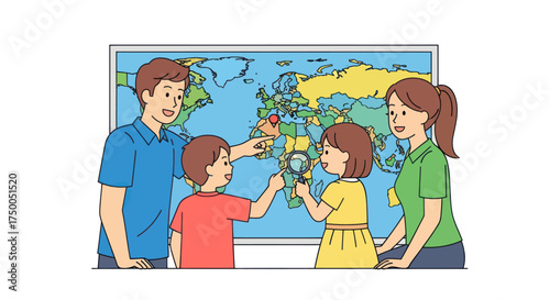 Family learning about geography using a world map and magnifying glass.