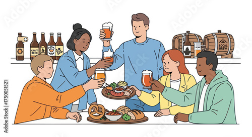 Diverse Friends Toasting with Beer Glasses and Snacks at a Pub.