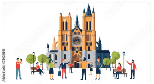 Gothic Cathedral Illustration with Tourists and Park Scene.