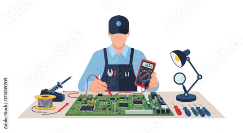Technician repairing a circuit board with soldering iron and multimeter on a workbench.