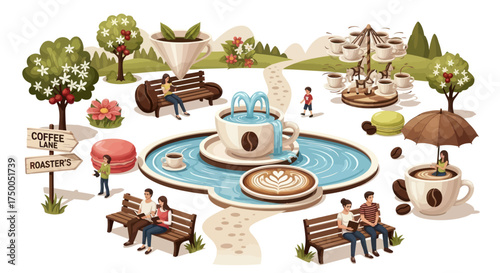 Whimsical Coffee-Themed Miniature Park with Couples Enjoying Leisure Time.