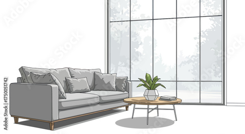 Modern Gray Sofa with Pillows and Coffee Table near Large Window.