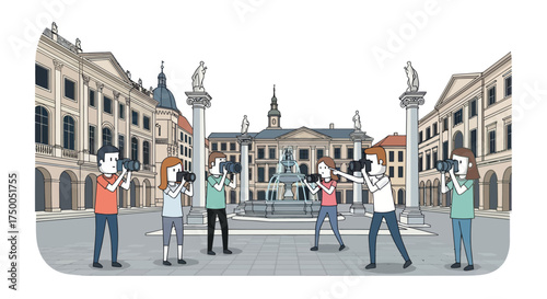 Illustrated Tourists Capturing City Square Architecture with Cameras.