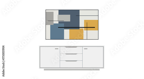 Modern White Sideboard with Abstract Geometric Wall Art.